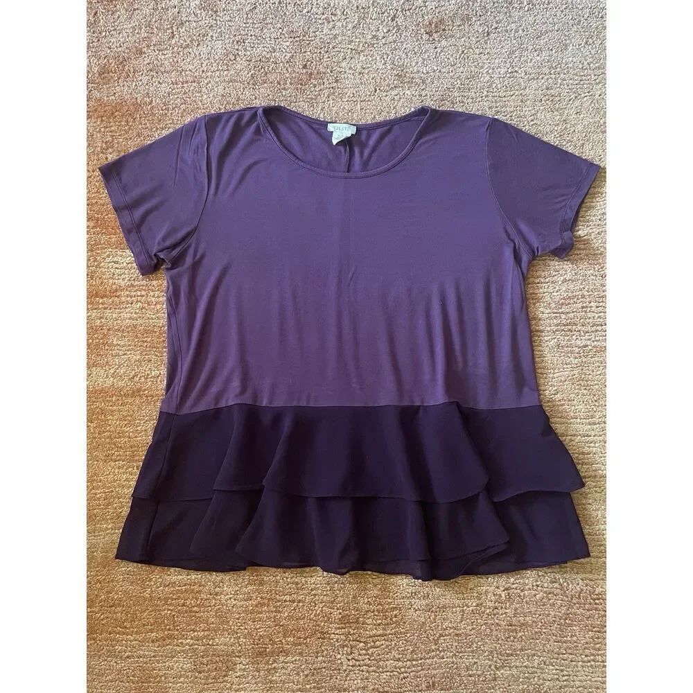 YELETE Women’s T-shirt  Blouse with chiffon peplum Stretch Short Sleeve Size L